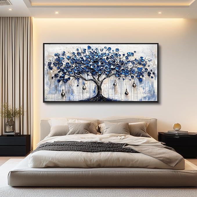 XIGUANGART Tree of Life Large Wall Art Modern Abstract Paintings Watercolor Blue Farmhouse Framed Artwork Tree & bell Canvas Prints Pictures Wall Decor for Living Room Bedroom Home Office Decoration