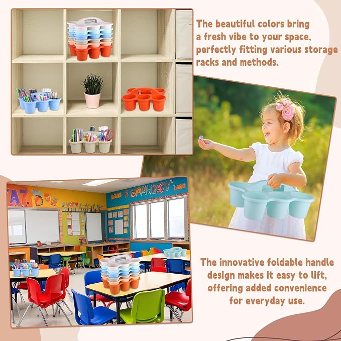 6 Pack Classroom Caddy Organizer with Handle Morandi Plastic Table Caddy Drink Cup Caddies Holder 12×9×3.5 Inches Storage School Supplies 6 Compartments for Table Crayon Pencil Cup Marker Craft - Image 6