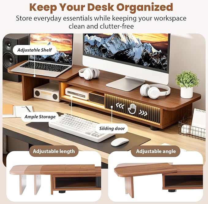 Artswish Dual Monitor Stand with Power Outlet, Brown Desk Monitor Riser | 2 AC Outlets & 2 USB Ports, RGB Lighting, Sliding Storage, Flexible Side Shelf, Desk Riser for Office, Work and Study - Image 4