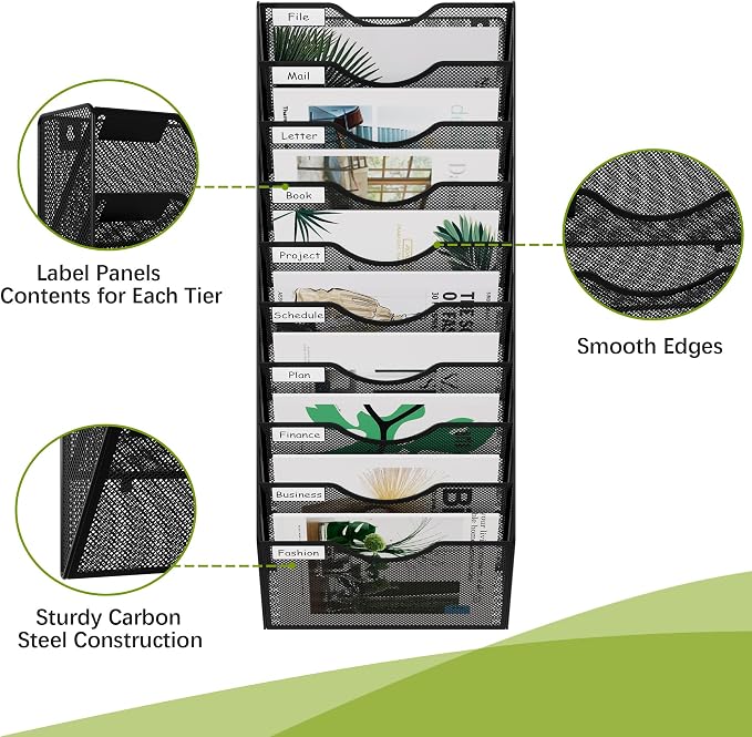 EasyPAG 10 Pocket Mesh Wall File Organizer, Hanging Paper Folder Holder with Classify Label, Vertical Wall Mount Mail Organizer for Office Home Classroom, Black - Image 3