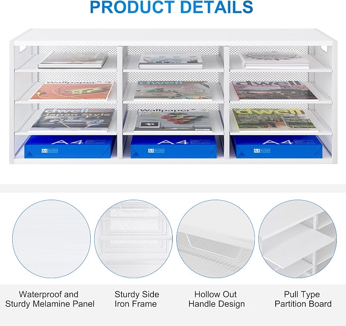 Mail Sorter Adjustable Countertop Mail Holder, Heavy Duty Literature Organizer, Student Mailbox for Classroom, Desktop Bill Paper Organizer for Office Home School, 12 Compartments, White - Image 8