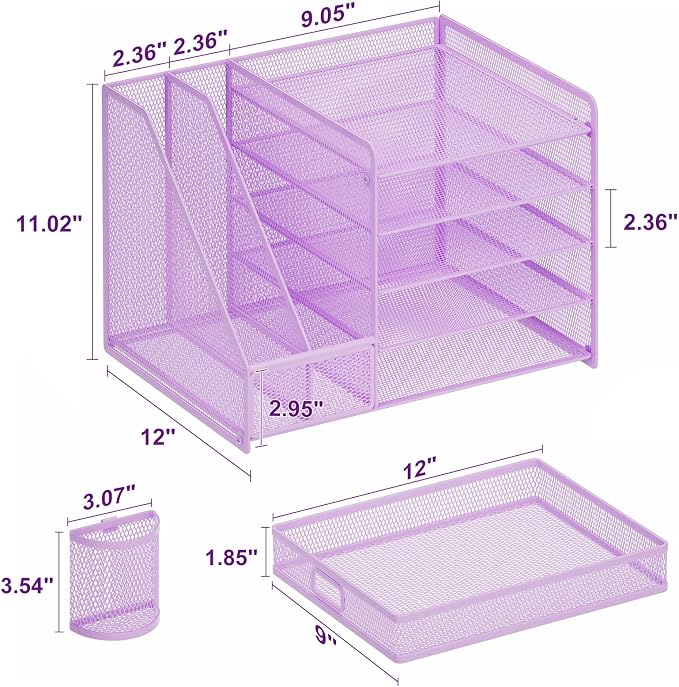 Marbrasse Desk Organizer with File Holder, 5-Tier Paper Letter Tray Organizer with Drawer and 2 Pen Holder, Mesh Desktop Organizer and Storage with Magazine Holder for Office Supplies(Purple) - Image 6