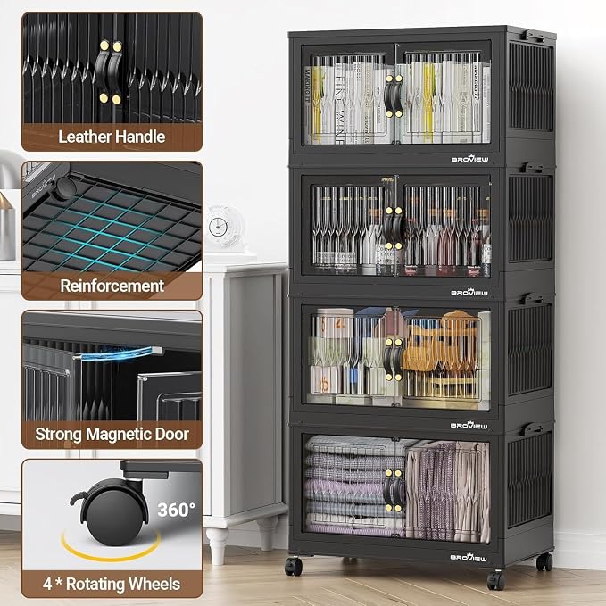 BROVIEW 320Qt Stackable Storage Bins with Lid, Extra Large Closet Organizer Collapsible Drawer Boxes with Wheels, Folding Plastic Cabinet Containers for Home Kitchen Room Organization, 4Pack Black - Image 3
