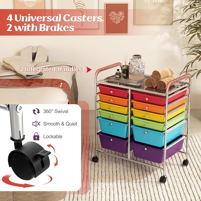 GOFLAME 12-Drawer Rolling Storage Cart, Multipurpose Organizer Cart with 2 Sizes Plastic Drawers, Mobile Utility Cart with Lockable Casters for School, Home Office, Beauty Salon, Multicolored - Image 5