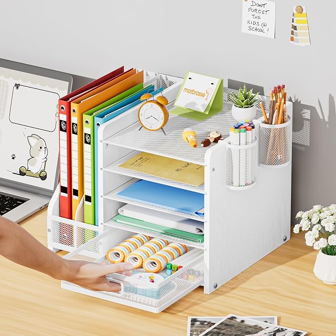 Marbrasse Desk Organizer with File Holder, 5-Tier Paper Letter Tray Organizer with Drawer and 2 Pen Holder, Mesh Desktop Organizer and Storage with Magazine Holder for Office Supplies (Wood-White) - Image 6