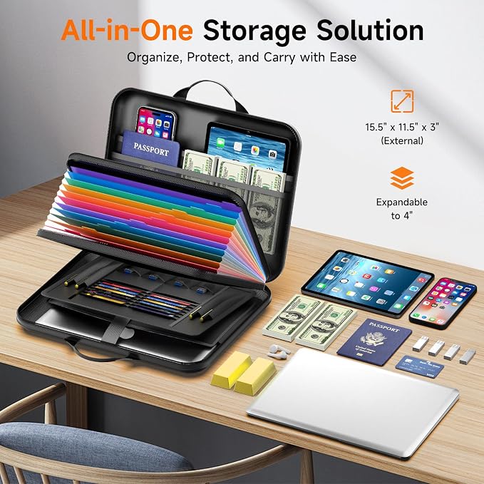 Fireproof Document Box with Lock, Waterproof Hard-Shell File Organizer with 13-Pocket Accordion Folder & Multi-Compartments for Laptop, Documents, Passports & Valuables - Image 6