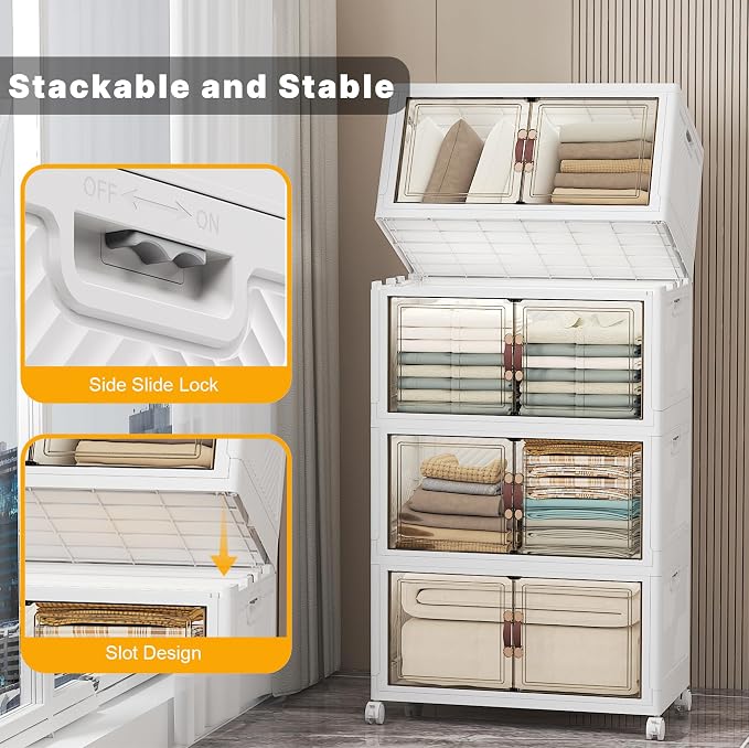 Stackable Storage Bins, 448QT Collapsible Drawers with Lid & Wheels | Large Capacity, Magnetic Door, Stack Lock, Rolling Casters, Foldable Design, Organizers and Storage for Bedroom Dorm Garage - Image 3