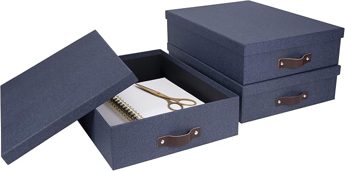 Bigso Oskar Canvas Fiberboard Document Letter Box - File Organizer Box for Important Paperwork - Document Storage with a Lid & Leather Handle - 3.3 in x 10.2 in x 13.8 in - Blue - Image 6