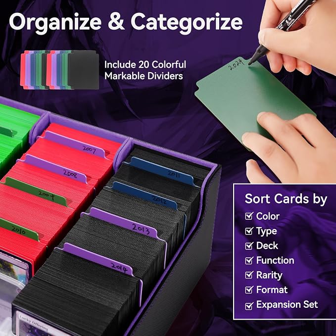 5 Row Trading Card Storage Box, 3800+Bulk Card Organizer Box with 20 Dividers & 5 Supporters, Graded Card Deck Box for YuGiOh, MTG, TCG with Double Lid Black/Violet - Image 3
