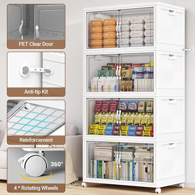 BROVIEW 400QT Large Stackable Storage Bins with Clear Doors, V20 4Pack | 100Gal Plastic Closet Organizer Cabinet with Lid and Wheels, Collapsible Latch Box Folding Drawer for Home, White - Image 4