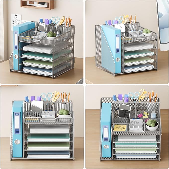 Lavatino 5-Tier Metal Mesh Desk Organizer with File Holder & 7 Customizable Compartments | Paper Letter Tray for Office or Home Desk Storage | Keep Workspace Supplies Neat & Organized, Silver - Image 5