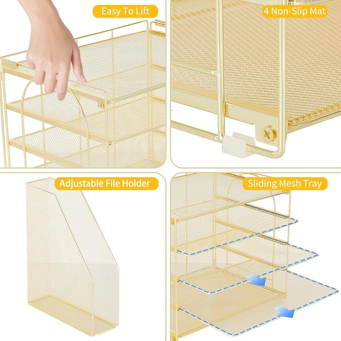 AUPSEN Gold Desk Organizers and Accessories, 5-Tier Desktop Paper File Organizer with Removable File Holder, Desk Accessories & Workspace Organization for Home Office Supplies (Gold) - Image 6
