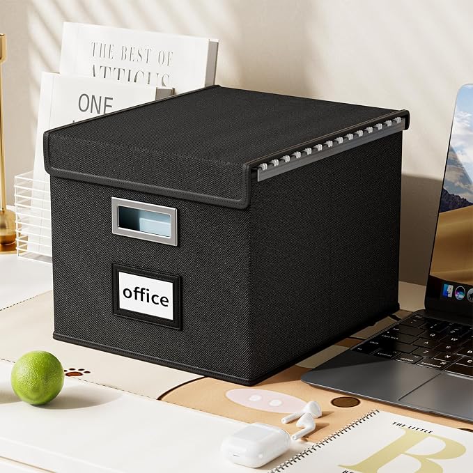 File Organizer Box with Lids, Collapsible File Folder Organizer | File Box with Plastic Slides for Office Document Storage, Filing Bin for Letter Size Hanging File Folders (1 Pack, Black) - Image 8