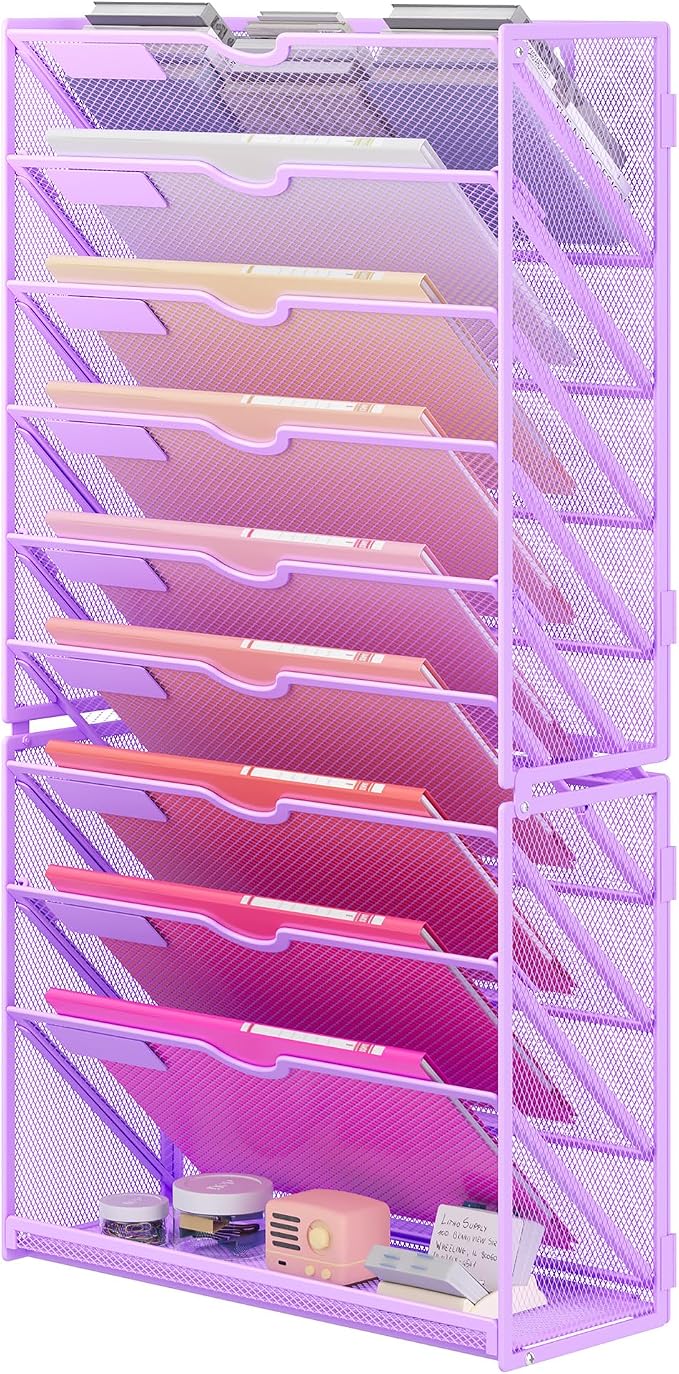 Lavatino Hanging Wall File Folders Organizer - 10-Tier Purple Metal Mesh Paper Magazine Document Mail Holder File Organizer for Office School Home Wall Mount or Desk Supplies Organization by Lavatino