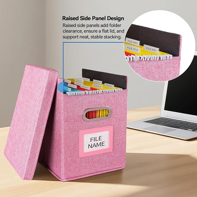 2 Pack Hanging File Folders Organizer with Lid, Letter Size Fabric File Storage Box Collapsible, Portable Office Document Holder with Metal Handle, Smooth PVC Rails, Pink - Image 4