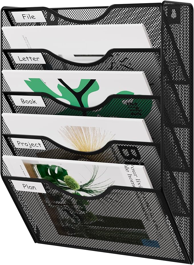 EasyPAG Wall File Organizer 5 Tier Hanging Paper Folder Holder, Zero Assembly Metal Mesh Wall Mounted Mail Organizer for Office Home Classroom Narrow Spaces, Black by EasyPAG