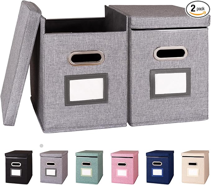 2 Pack Hanging File Folders Organizer with Lid, Letter Size Fabric File Storage Box Collapsible, Portable Office Document Holder with Metal Handle, Smooth PVC Rails, Gray by ComfortKeeper