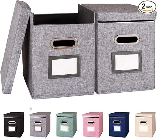 2 Pack Hanging File Folders Organizer with Lid, Letter Size Fabric File Storage Box Collapsible, Portable Office Document Holder with Metal Handle, Smooth PVC Rails, Gray by ComfortKeeper