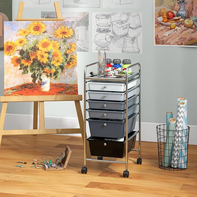 COSTWAY 6-Drawer Rolling Storage Cart, Art Craft Tools Organizer on Wheels | Multifunctional Heavy Duty Utility Mobile Storage Trolley w/ 2 Lockable Wheels for Home Office School (Mixed Black) - Image 7