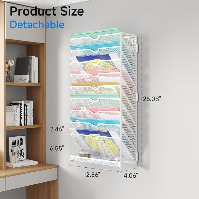 Lavatino 10-Tier Hanging File Organizer, Wall Mount File Holder for Mails Folders Papers Magazine Organization, Vertical Document Organizer for Office Home White - Image 5