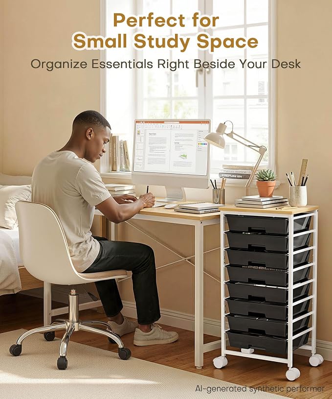 Homde Rolling Storage Drawer Cart: 8-Drawer Sort to Clear Desk & Dresser Clutter - Anti-Fall Smooth Glide Prevents Spill-Out During Daily Grab - Lockable Wheels Keep It Steady - Image 4