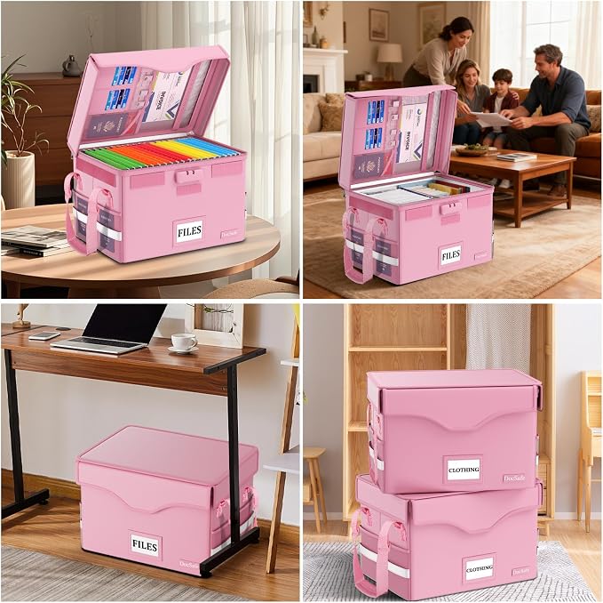 DocSafe 5200°F Fireproof Document Box with Lock,Heat Insulated File Organizer Storage with Pockets,Collapsible Portable Home Office File Safe Box with Handle for Hanging Letter/Legal Folders, Pink - Image 2