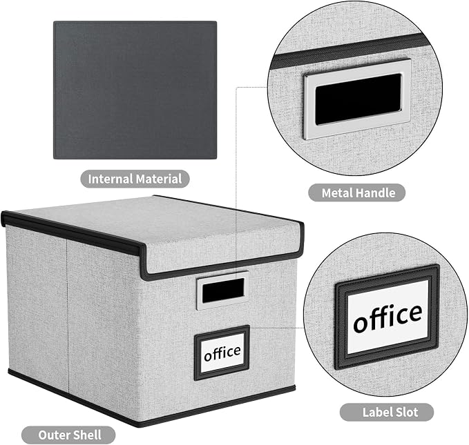 File Organizer Box with Lids, Collapsible File Folder Organizer | File Box with Plastic Slides for Office Document Storage, Filing Bin for Letter Size Hanging File Folders (1 Pack, Gray) - Image 3