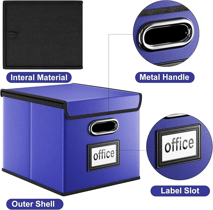 File Organizer Box with Lids, Collapsible File Folder Organizer | File Box with Plastic Slides for Document, Filing Bin for Letter Size Hanging File Folders (4 Pack, Navy Blue, Leather) - Image 3