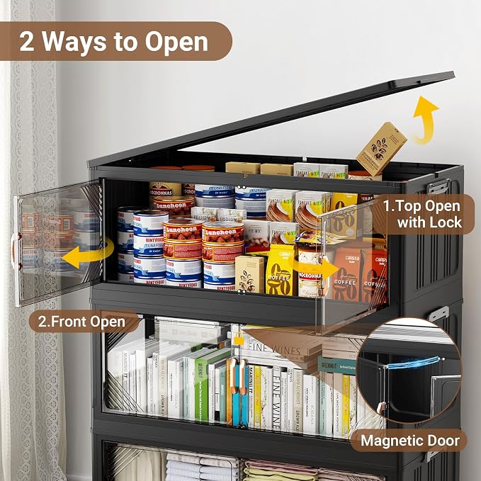BROVIEW V60 1100QT Plastic Stackable Storage Bins with Lid, 5Pack Black | 275Gal Extra Large Closet Organizers Collapsible Cabinets Boxes With Drawer, Foldable Container with 6x Wheels for Home - Image 4