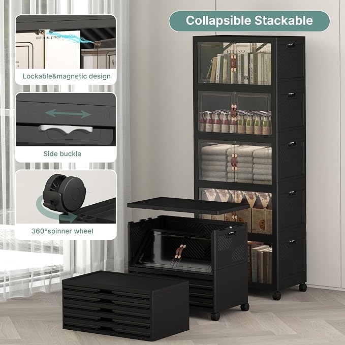 240QT Lockable Plastic Storage Bins, 5 Pack Collapsible Cabinets | Stackable Organizer with Doors & Wheels, Foldable Containers for Bedroom, Dorm, Office & Garage Storage - Image 3