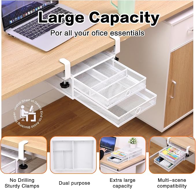 Under Desk Drawer, Clamp on Desk Organizer Slide Out Table Storage No Drill | 2Tier Under desk drawer: clamp on desk organizer, under desk drawer slide out, hanging desk organizer, no drill table storage - Image 4