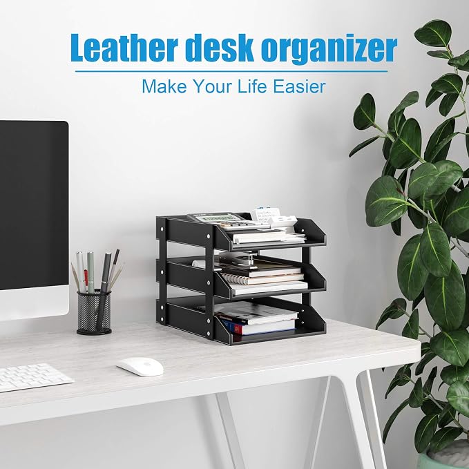 Leather Desk Organizer, Thipoten 3-Tier Stackable Letter Tray Holder for Office Supplies, Paper, File, Magazine, Perfect Office Organization for Desktop (Black-3Tiers) - Image 5