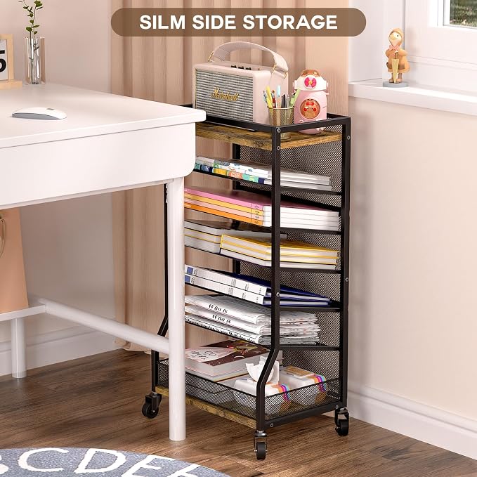 ThreeHio 7 Tier Rolling File Cart with Sliding Trays, Wood Metal File Organizer Beside Desk, Free-Standing File Holder, Paper Letter Tray Organizer Mesh Desk Organizer for Home Office School (Patent) - Image 6