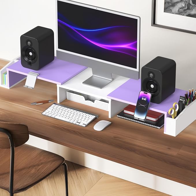 Simple Houseware Desk Dual Monitor Stand Riser with Drawer, Purple | Customizable Organizer Tray, Built-In Phone & Tablet Slot and Side Storage - Image 5