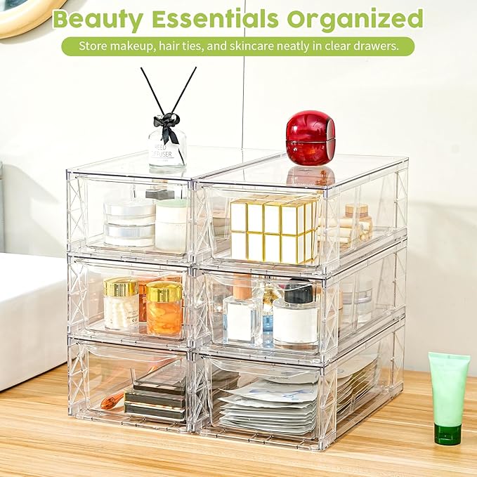 6 Pack Acrylic Storage Drawers, Clear Stackable Storage Drawers, Acrylic Organizers Drawers for Under Sink, Pantry, Bathroom, Makeup Organizers Cosmetic Display,Classroom Storage Organization, Medium - Image 3