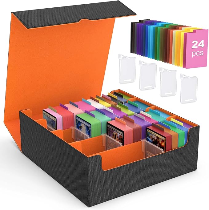 MoKo Trading Card Storage Box for MTG, 3000+ Card Organizer, Orange | MTG Deck Box, w/ 24 Colorful Dividers & 4 Card Supporters, MTG Card Storage for Magic Game, TCG, PTG Baseball and Sport Cards by MoKo
