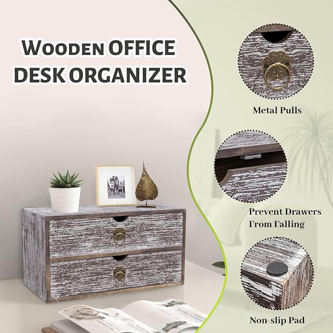 Wood Desk Organizer, Washed Brown Wooden Desktop Organizer with Drawer, Tabletop Storage Organization Box for Countertop, Home Office Supplies, Bills, 13.3 x 6.5 x 7 Inches(2 Drawer) - Image 5