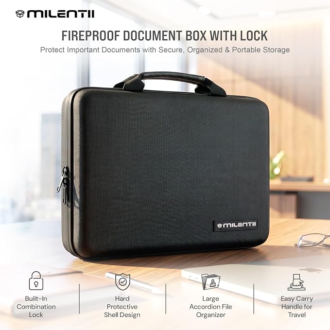 Fireproof Document Box with Lock & Waterproof Hard Shell File Organizer | Portable Safe Box with 13 Pocket Accordion File Folders, Home Office Travel Secure Storage Imp Documents Laptop & Valuables - Image 2
