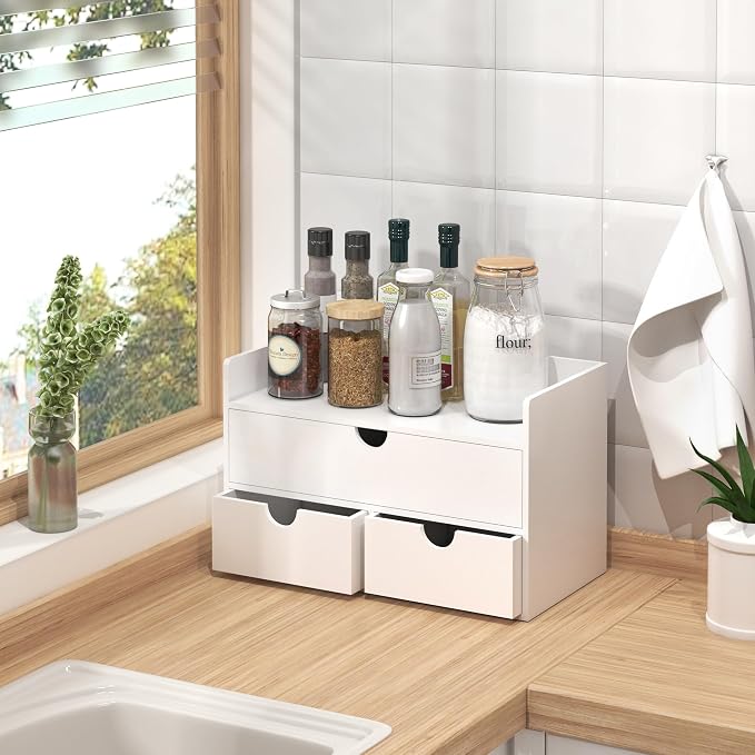 Bamboo Desk Organizer with Drawers Desktop Storage Drawers for Bills Office Supplies Kitchen Utensils Organizing Tool for Home Classroom Organization No Assembly (White with Shelf) - Image 6