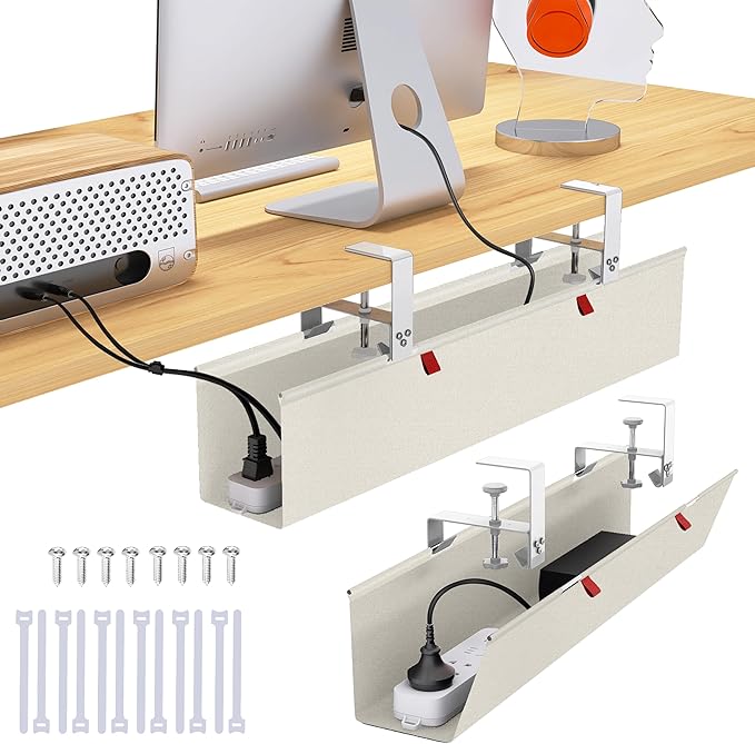 28" Small Under Desk Cable Management Tray No Drill, Compact Clamp On Cord Organizer for Dorm & Small Desk, Anti-Sag Oxford Fabric Wire Hider, Power Strip Holder (Beige, 28.6") by Cotohim