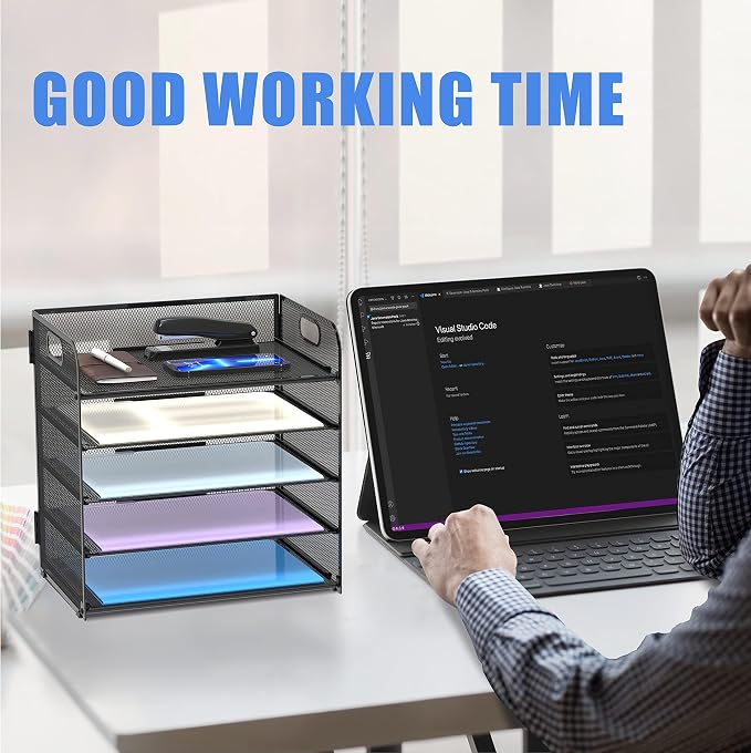 2 Pack 5-Tier Desk Organizer with Handle Mesh Desk File/Paper Organizer Letter Tray for Office, School, Classroom and Home Easy Installation, Black - Image 2