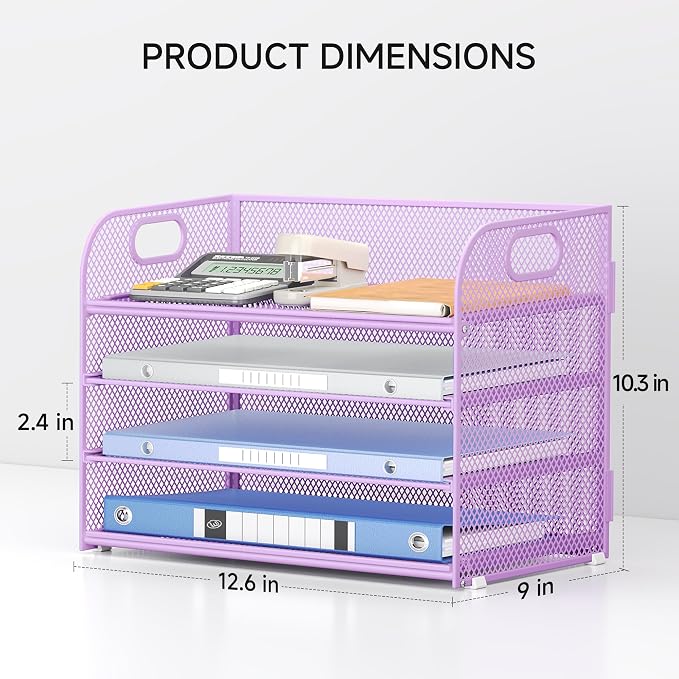 Lavatino 4-Tier Paper Organizer Trays - Purple Mesh File Folder Sorter with Handles, Desk Letter Holder Organizer for Office, Home, School Supplies Storage & Organization - Image 2