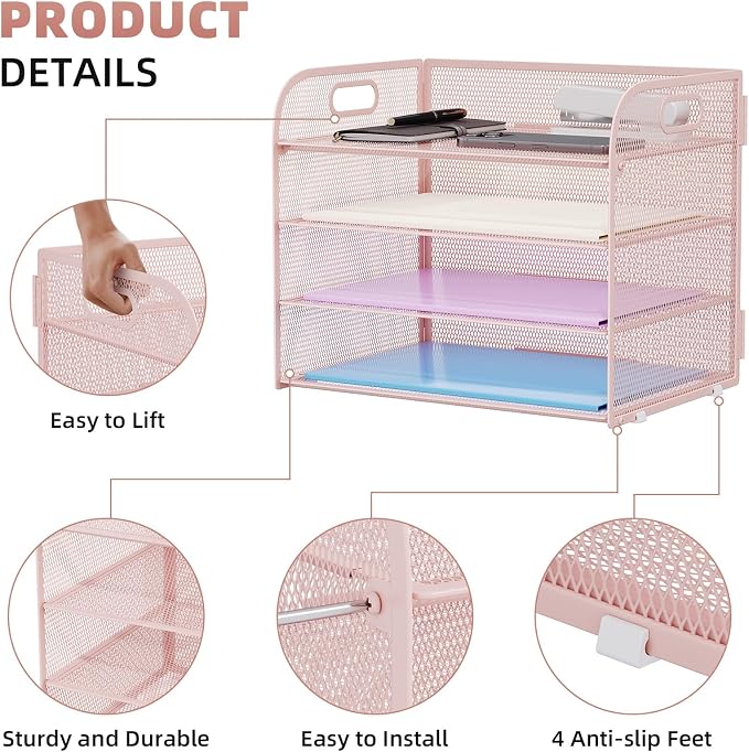Marbrasse 4 Tier Paper Organizer Letter Tray - Mesh Desk File Organizer with Handle, Paper Sorter Organizer for Letter/A4 Office File Folder Holder (Pink, 12.6" x 9.1" x 10.7") - Image 4