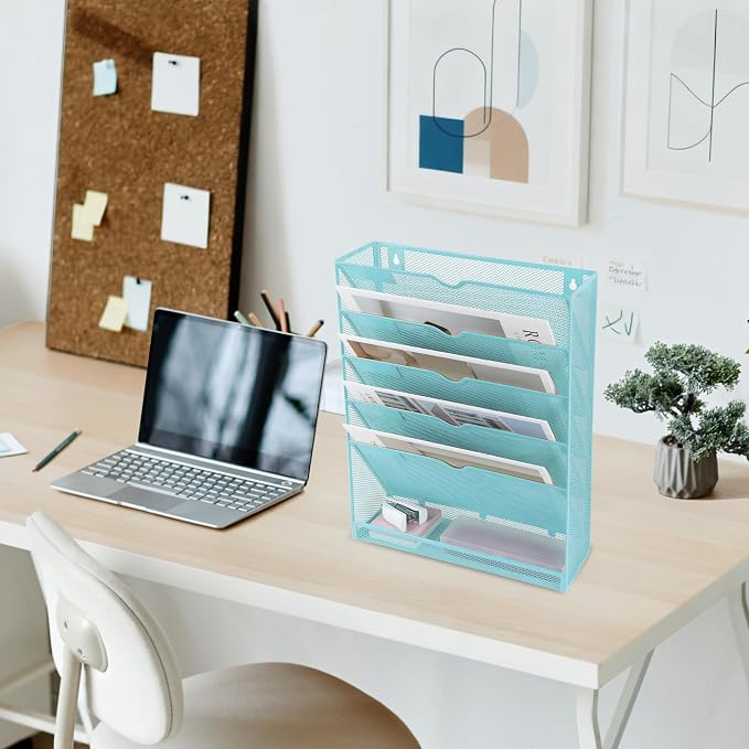 6 Tier Mesh Hanging Wall File Organizer, Desk Vertical Mail Paper Document Folder Holder Rack with Bottom Tray and Nametag Label for Office Home School, Blue - Image 7