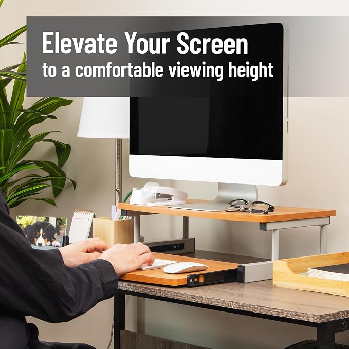 Mind Reader Monitor Stand, Sliding Keyboard Drawer, Laptop, Riser, Office, Wood/Metal, 20"L x 14.75"W x 5.9"H, Brown, Silver - Image 2