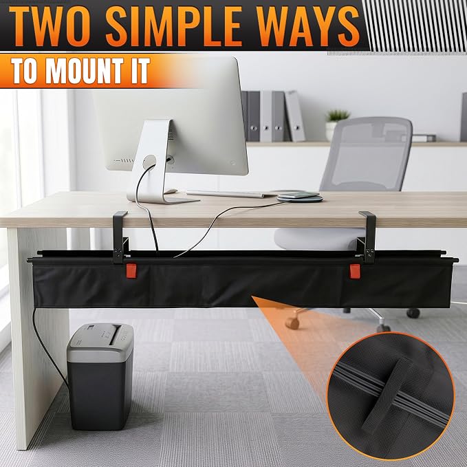Under Desk Cable Management Tray 48" — No Drill Clamp-On Cord Organizer for Desk with Built-in Ties, Heavy Duty Metal Clamp, Foldable 600D Oxford Fabric for Home Office, WFH & Gaming PC Setup (Black) - Image 9