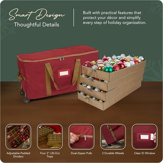 Covermates Keepsakes Rolling Adjustable Ornament Storage Bag – Heavy-Duty Polyester, FlexGrid Trays & Padded Dividers – Protective Holiday Organizer with Wheels, Handles & ID Window, Red - Image 4