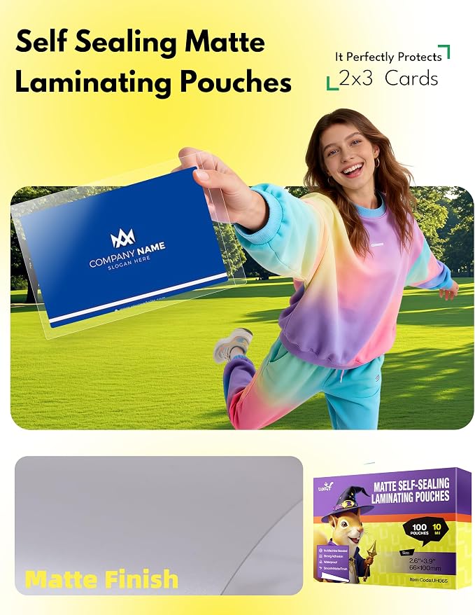 Uinkit 10Mil Matte Self-Seal Laminating Pouches, Double-Sided for 2.6x3.9 Business Card, Glare & Fingerprint Resistant for Restaurant IDs, School Badges, Corporate Access - No Machine - Image 3