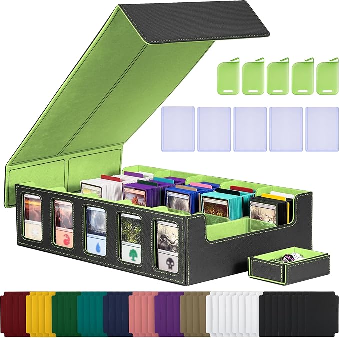 Kabinka Card Storage Box with Commander Display, 5-Row Deck Case with Removable Lid; 3900+ Card Deck Box for MTG Sports Cards, 5 Top Loaders, 5 Stoppers, 48 Dividers,1 Dice Tray (Black & Lemon Green) by Kabinka