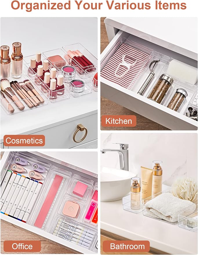 SMARTAKE 29 PCS Drawer Organizer, 4-Size Desk Bathroom Drawer Organizer | 4-Size Storage Tray with Non-Slip Silicone Pads for Makeup, Jewelries, Utensils in Bedroom Dresser, Office and Kitchen Clear - Image 6